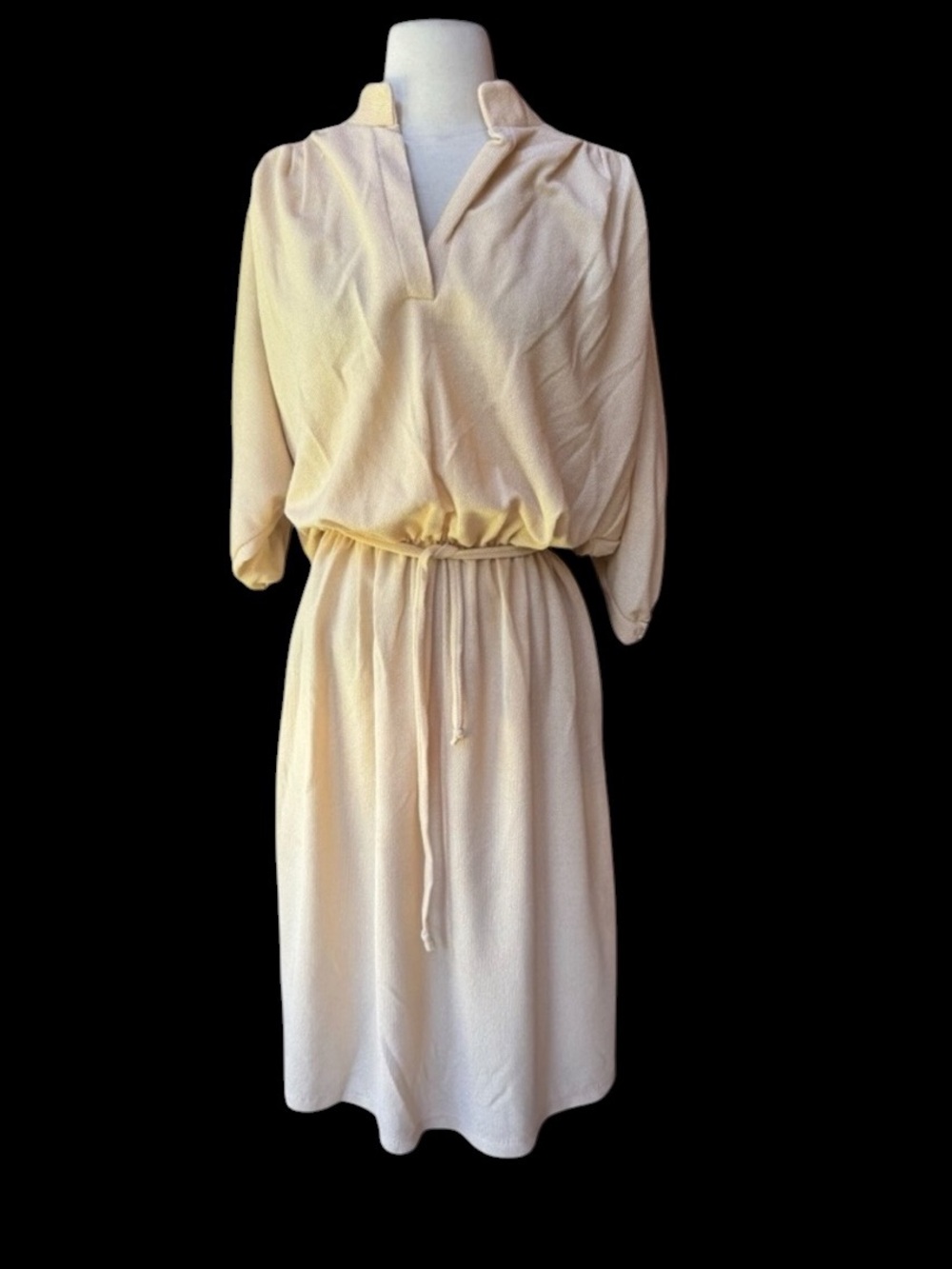 Deadstock 1960s/70s Shimmery‎ Poly Knit Ribbed Midi Cream Day Dress w/Matching